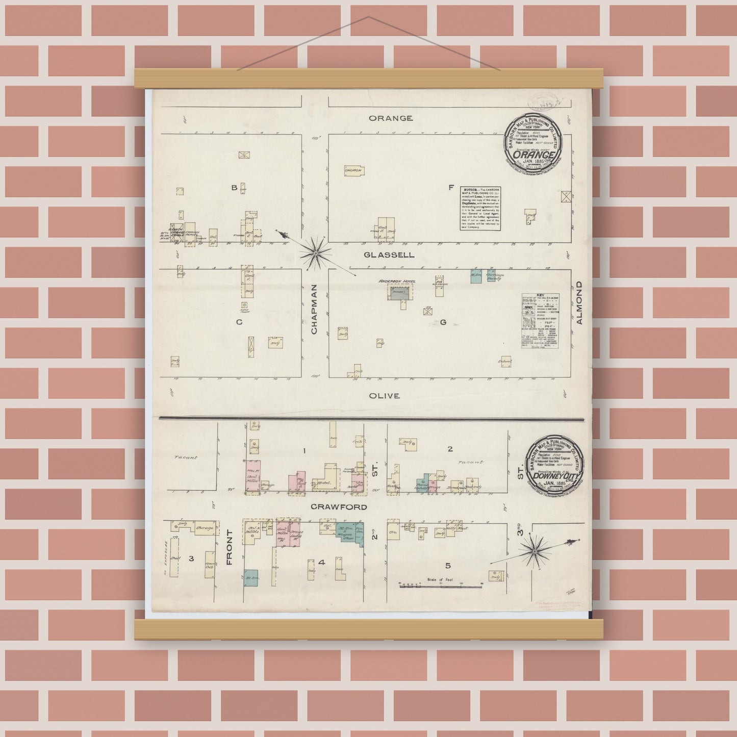 Old map wall art mockup — magnetic wood frame on brick wall — Sanborn Fire Insurance Map from Orange, Orange County, California (1885), Sheet #0001