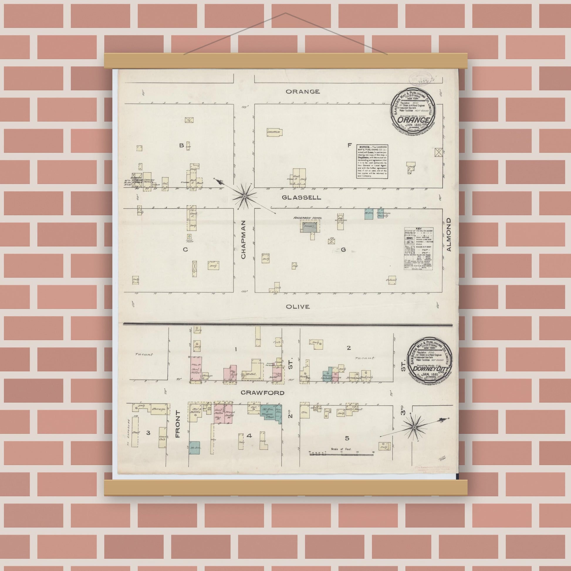 Old map wall art mockup — magnetic wood frame on brick wall — Sanborn Fire Insurance Map from Orange, Orange County, California (1885), Sheet #0001