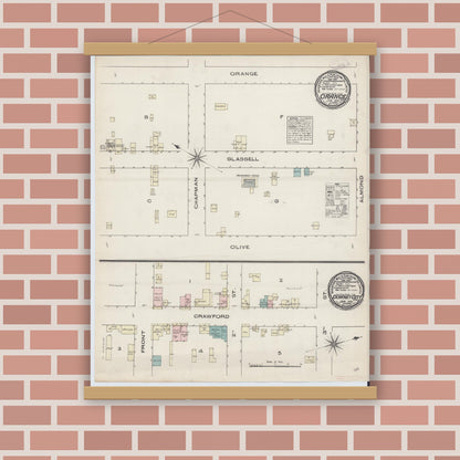 Old map wall art mockup — magnetic wood frame on brick wall — Sanborn Fire Insurance Map from Orange, Orange County, California (1885), Sheet #0001