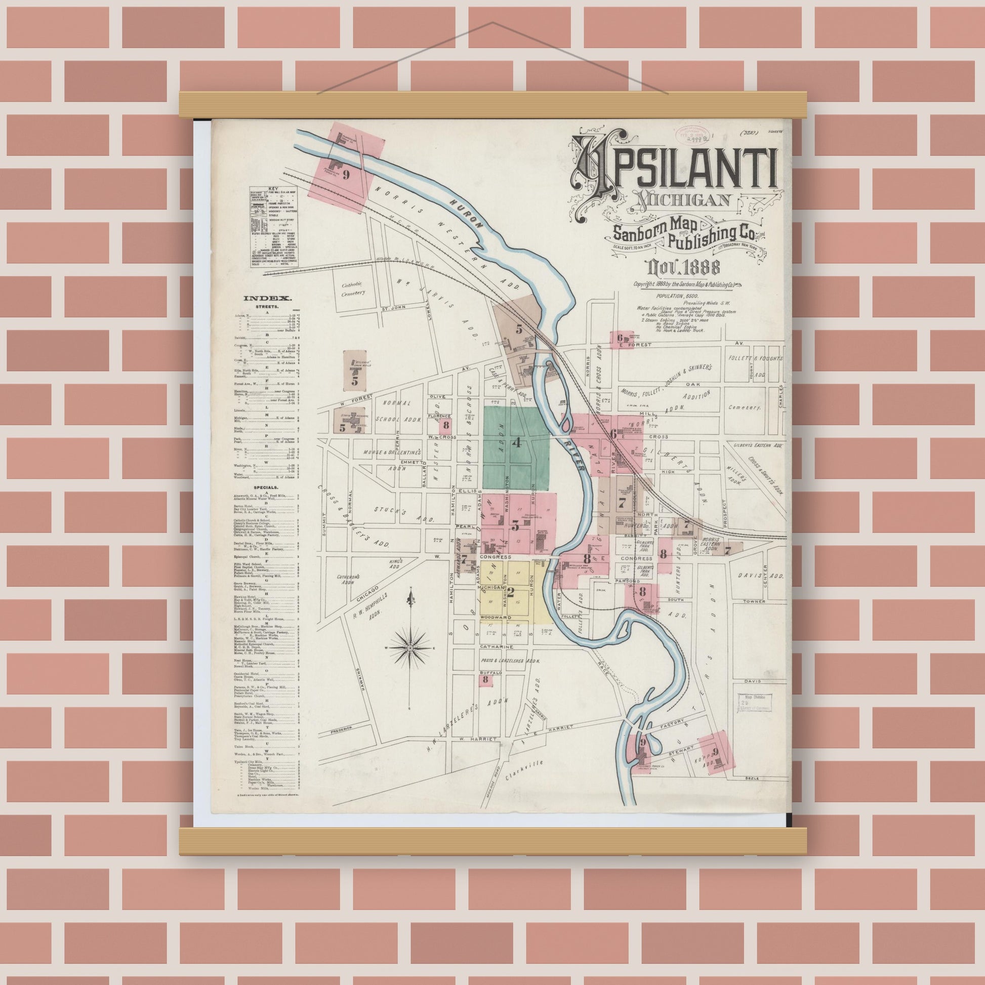 Old map wall art mockup — magnetic wood frame on brick wall — Sanborn Fire Insurance Map from Ypsilanti, Washtenaw County, Michigan (1888), Sheet #0001