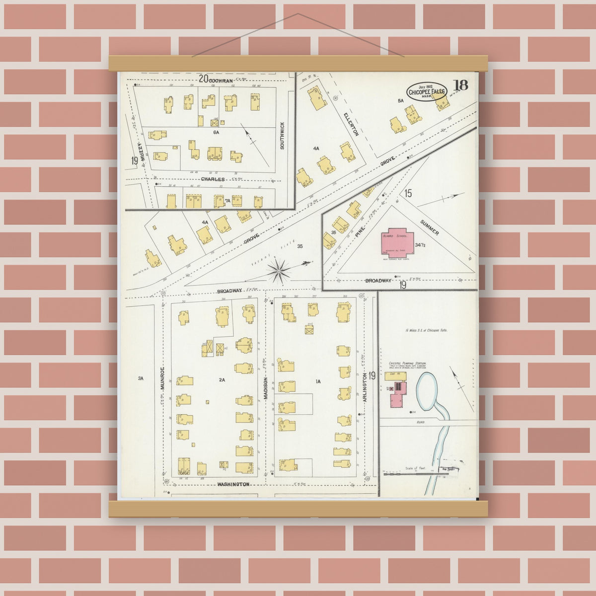 Old map wall art mockup — magnetic wood frame on brick wall — Sanborn Fire Insurance Map from Chicopee, Hampden County, Massachusetts (1902), Sheet #0018