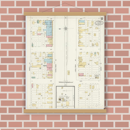 Old map wall art mockup — magnetic wood frame on brick wall — Sanborn Fire Insurance Map from Luling, Caldwell County, Texas (1896), Sheet #0002
