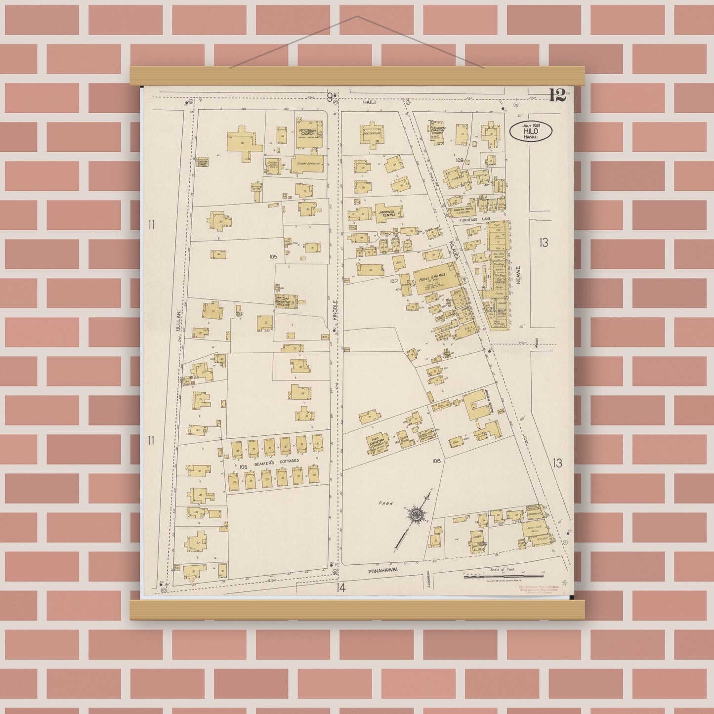 Old map wall art mockup — magnetic wood frame on brick wall — Sanborn Fire Insurance Map from Hilo, Hawaii County, Hawaii (1921), Sheet #0012