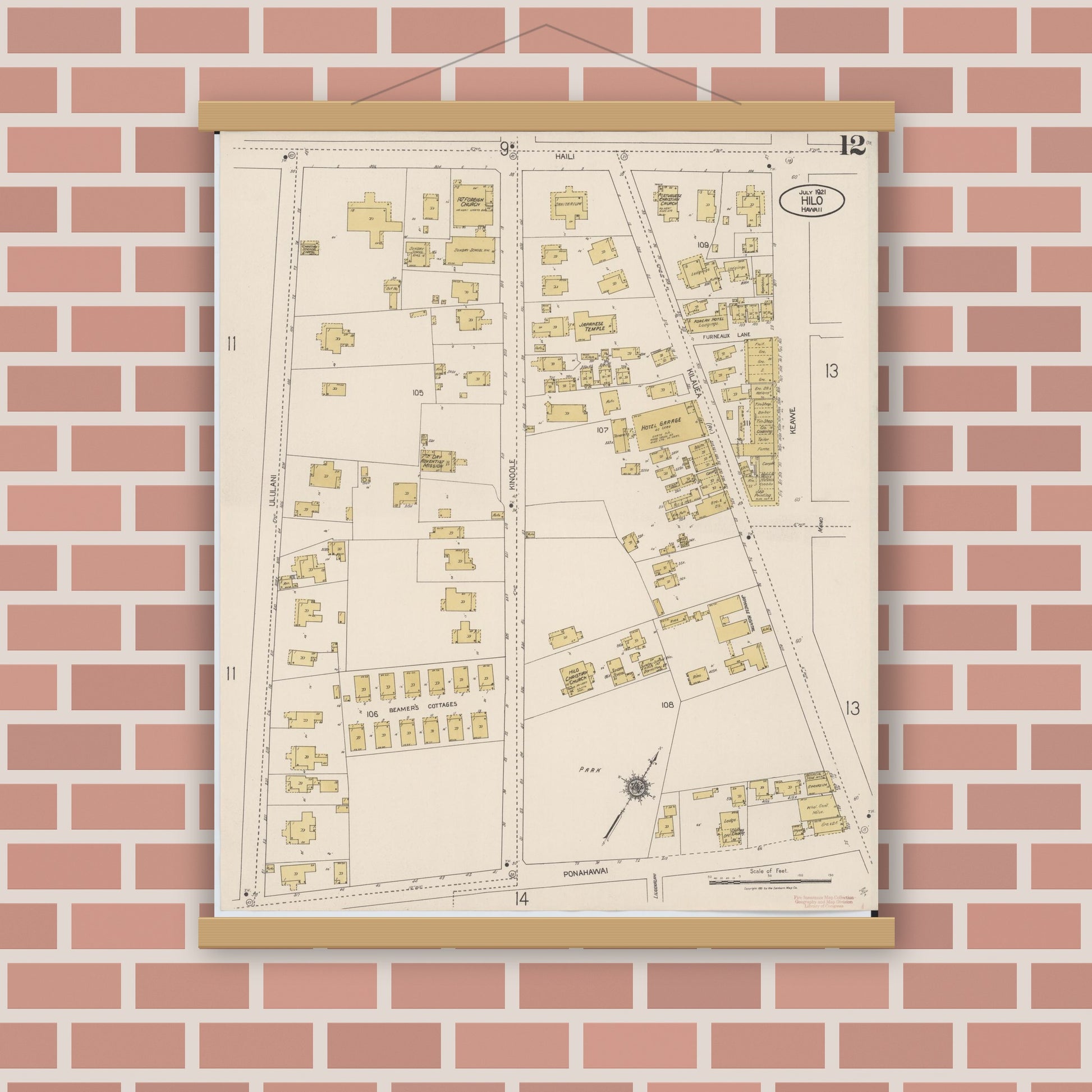 Old map wall art mockup — magnetic wood frame on brick wall — Sanborn Fire Insurance Map from Hilo, Hawaii County, Hawaii (1921), Sheet #0012