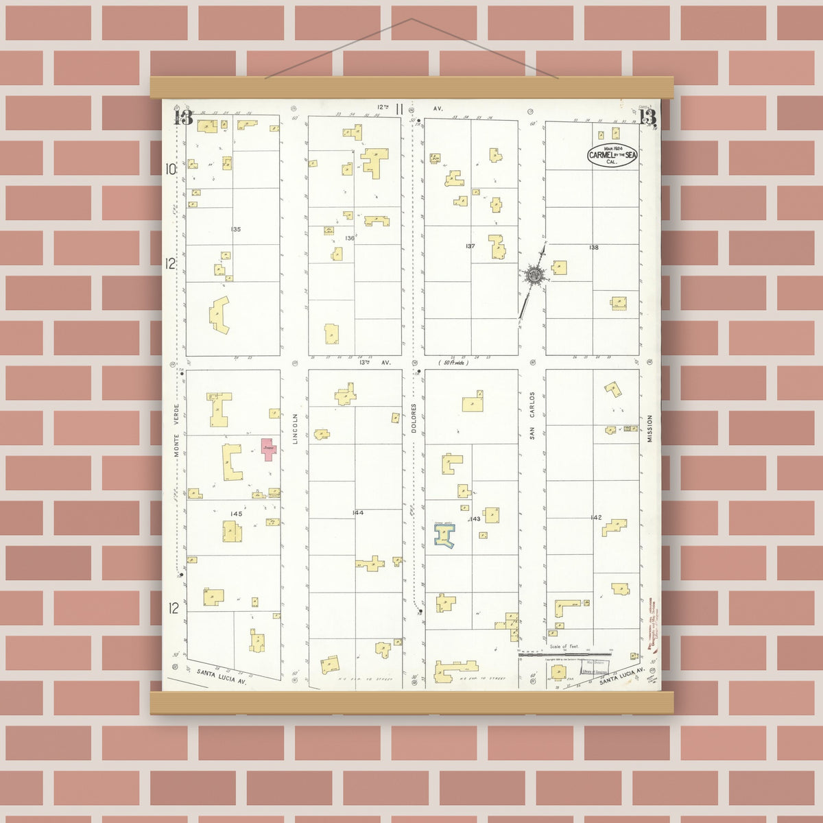 Old map wall art mockup — magnetic wood frame on brick wall — Sanborn Fire Insurance Map from Carmel By The Sea, Monterey County, California (1924), Sheet #0013