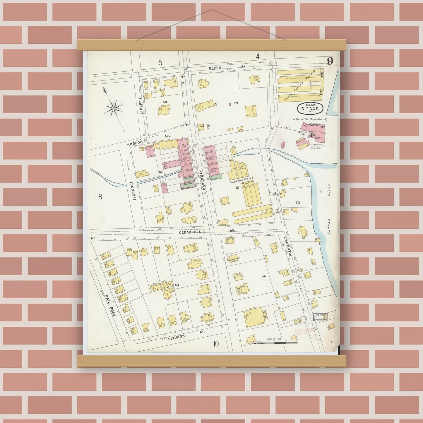 Old map wall art mockup — magnetic wood frame on brick wall — Sanborn Fire Insurance Map from Nyack, Rockland County, New York. (1896), Sheet #0009