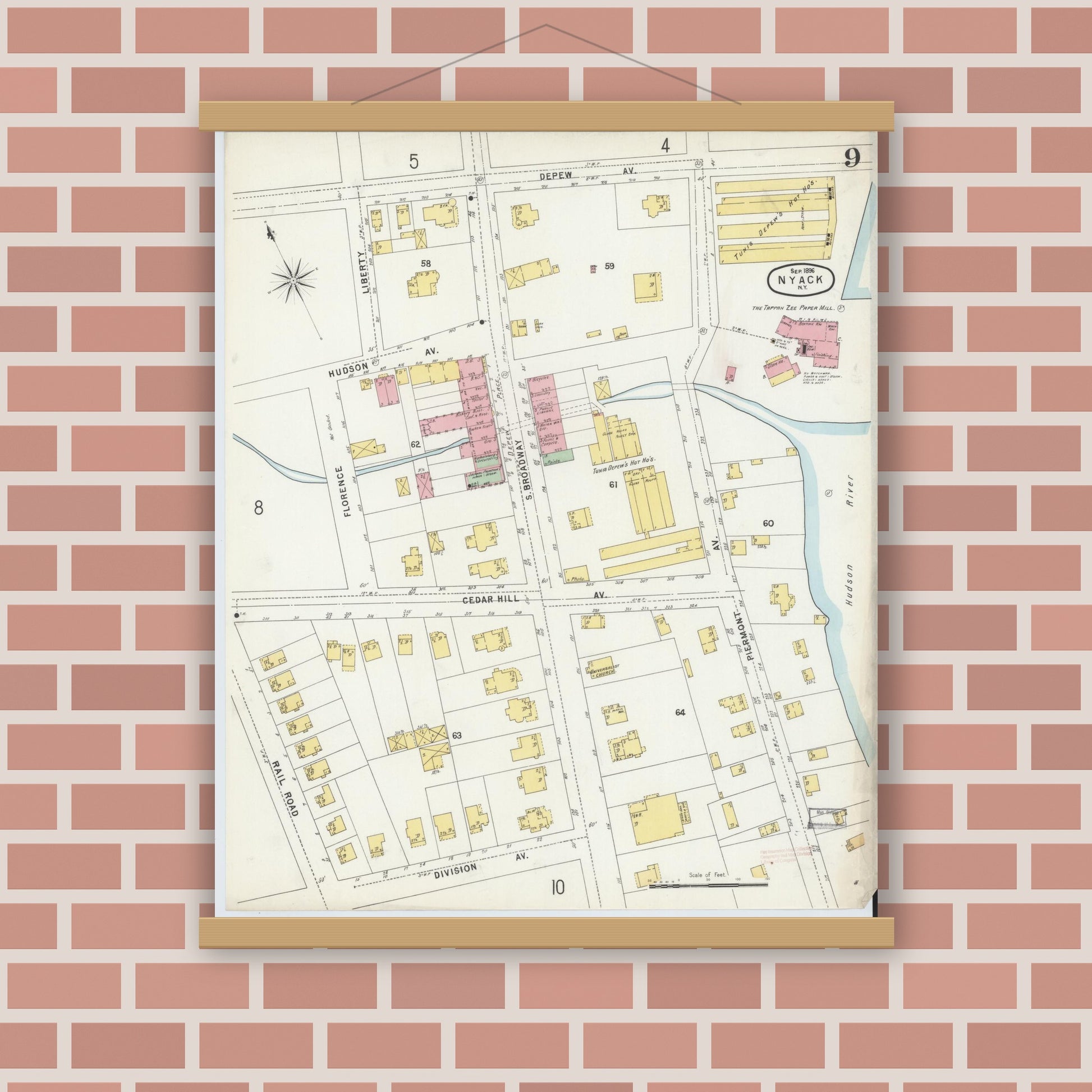 Old map wall art mockup — magnetic wood frame on brick wall — Sanborn Fire Insurance Map from Nyack, Rockland County, New York. (1896), Sheet #0009
