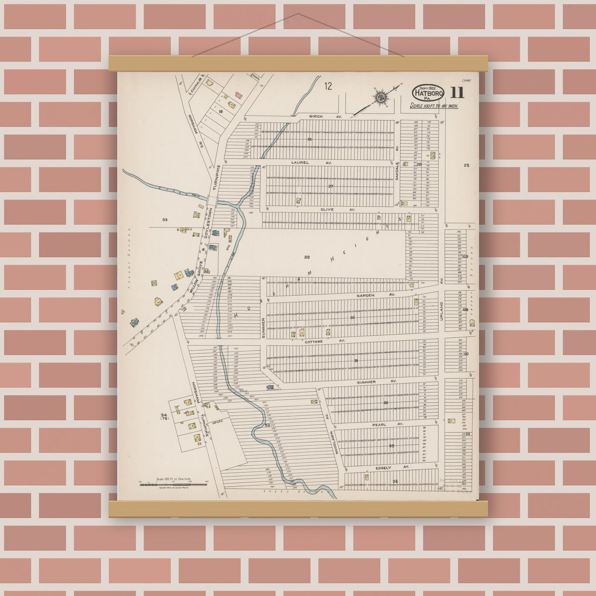 Old map wall art mockup — magnetic wood frame on brick wall — Sanborn Fire Insurance Map from Hatboro, Montgomery County, Pennsylvania (1922), Sheet #0011