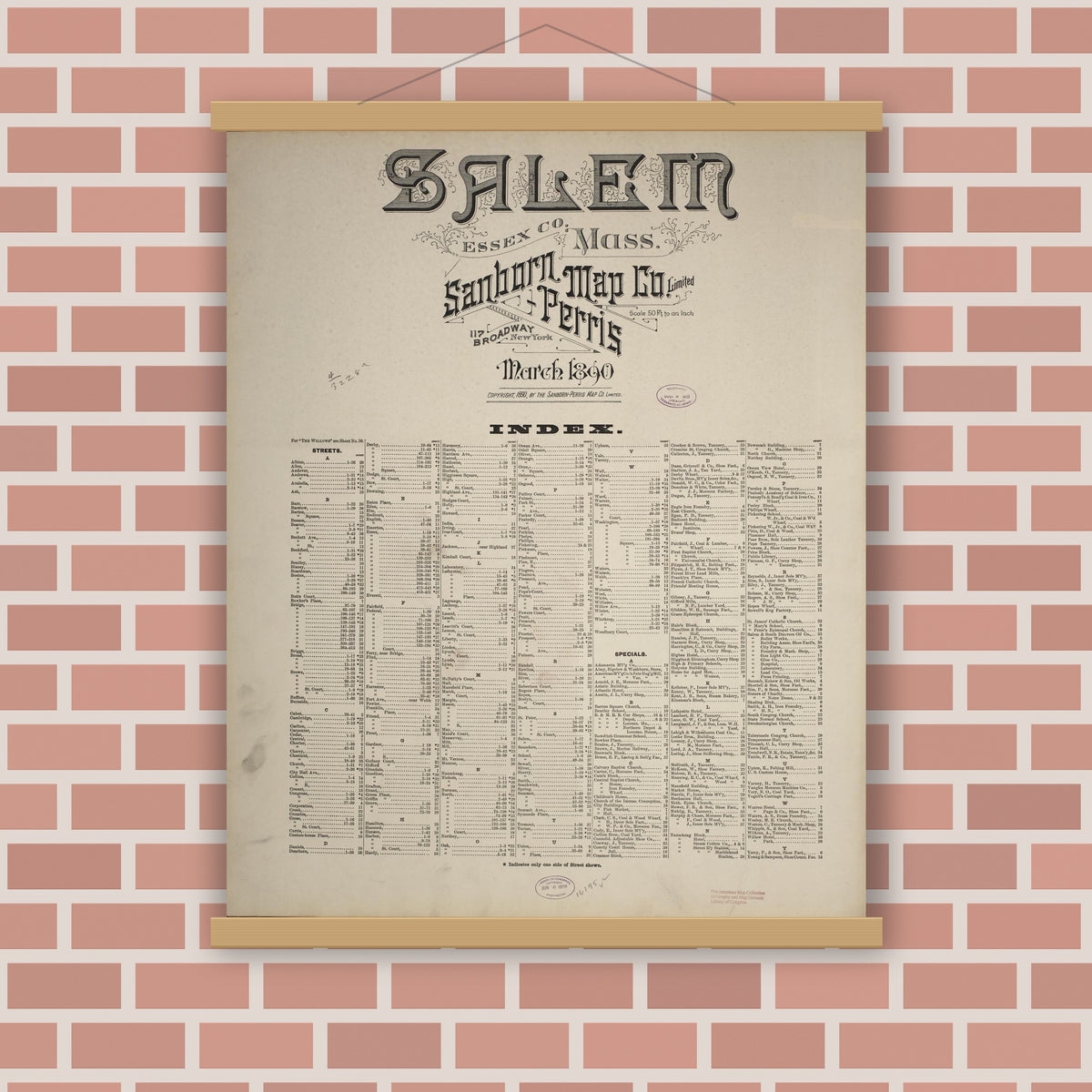 Old map wall art mockup — magnetic wood frame on brick wall — Sanborn Fire Insurance Map from Salem, Essex County, Massachusetts (1890), Sheet #0001