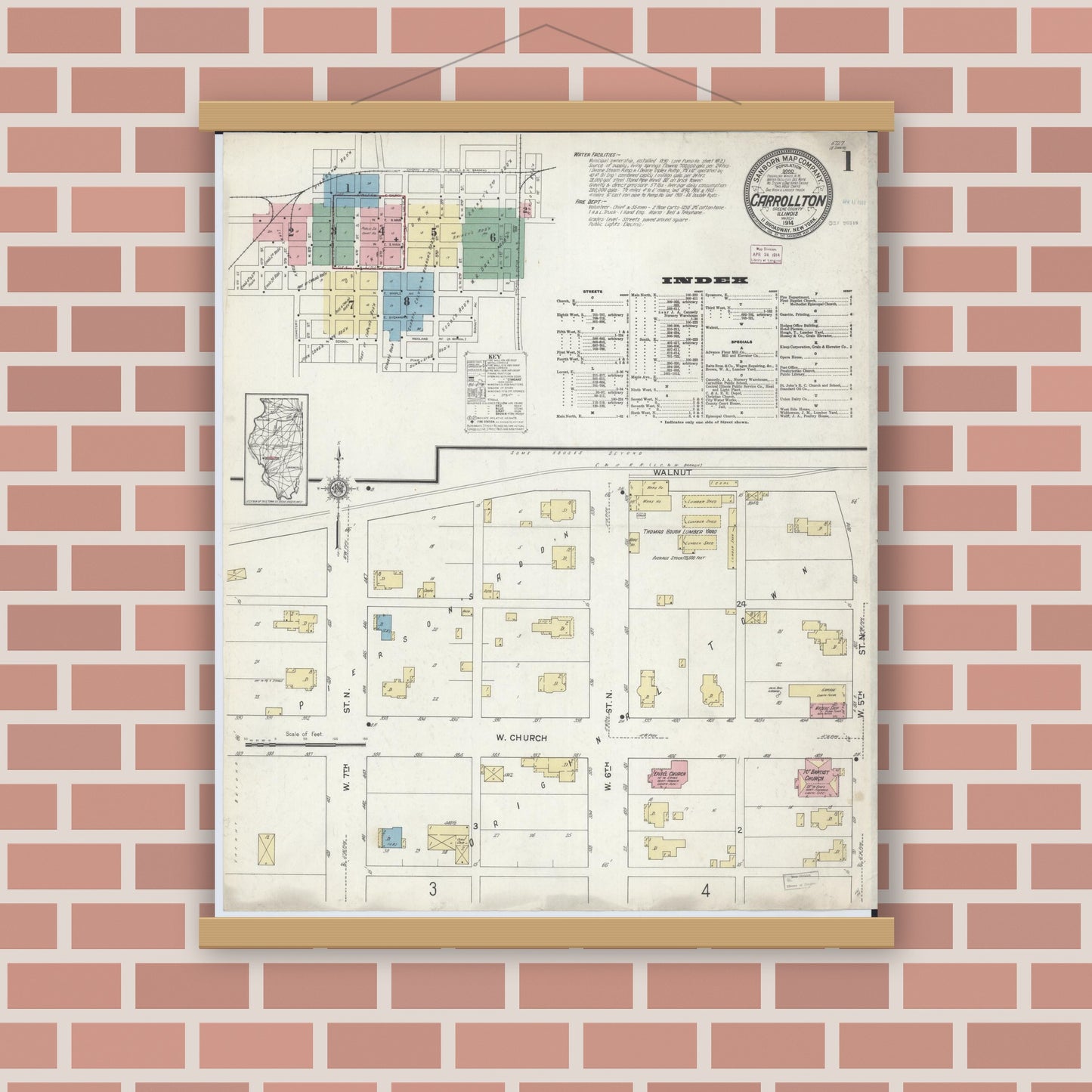 Old map wall art mockup — magnetic wood frame on brick wall — Sanborn Fire Insurance Map from Carrollton, Greene County, Illinois (1914) - Complete Map Set