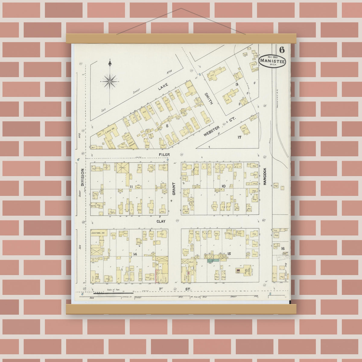 Old map wall art mockup — magnetic wood frame on brick wall — Sanborn Fire Insurance Map from Manistee, Manistee County, Michigan (1890), Sheet #0006