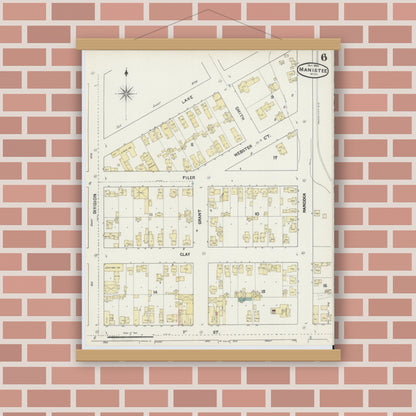 Old map wall art mockup — magnetic wood frame on brick wall — Sanborn Fire Insurance Map from Manistee, Manistee County, Michigan (1890), Sheet #0006
