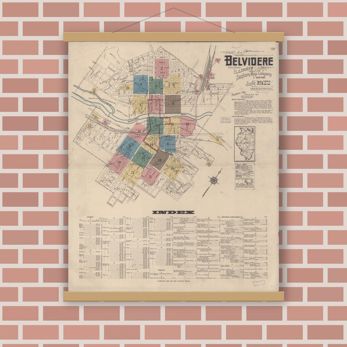 Old map wall art mockup — magnetic wood frame on brick wall — Sanborn Fire Insurance Map from Belvidere, Boone County, Illinois (1922) - Complete Map Set