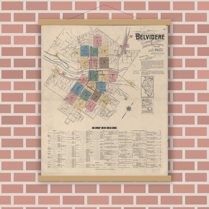 Old map wall art mockup — magnetic wood frame on brick wall — Sanborn Fire Insurance Map from Belvidere, Boone County, Illinois (1922) - Complete Map Set