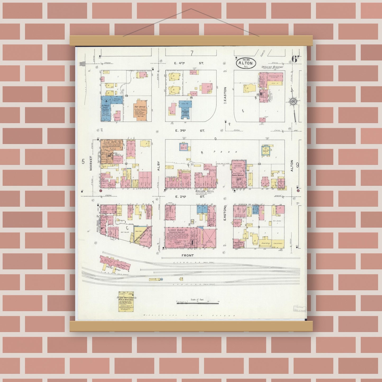 Old map wall art mockup — magnetic wood frame on brick wall — Sanborn Fire Insurance Map from Alton, Madison County, Illinois (1915), Sheet #0006