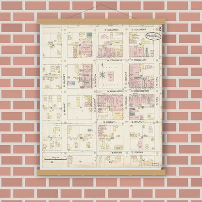 Old map wall art mockup — magnetic wood frame on brick wall — Sanborn Fire Insurance Map from Greencastle, Putnam County, Indiana (1887), Sheet #0002