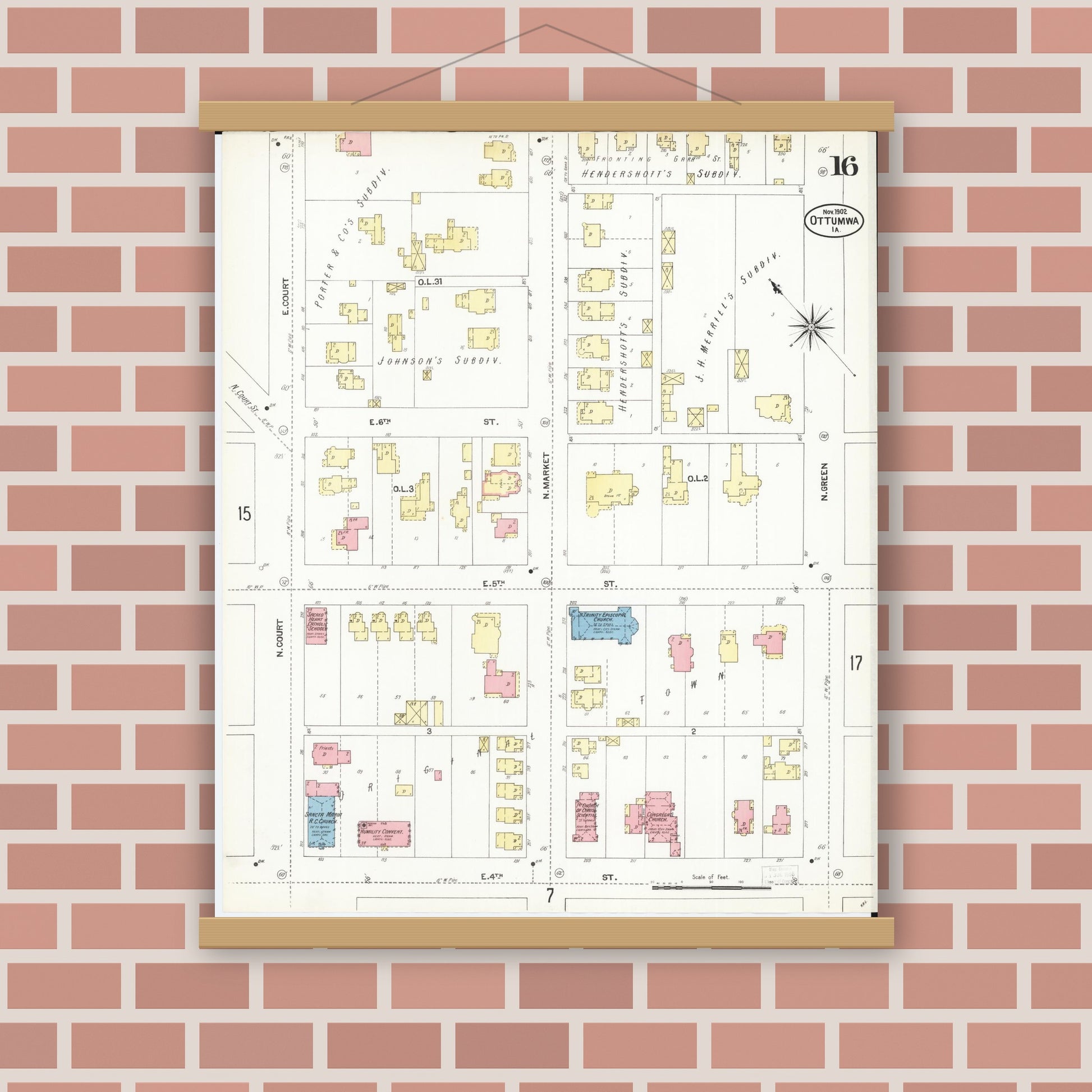 Old map wall art mockup — magnetic wood frame on brick wall — Sanborn Fire Insurance Map from Ottumwa, Wapello County, Iowa (1902), Sheet #0016