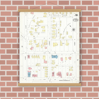 Old map wall art mockup — magnetic wood frame on brick wall — Sanborn Fire Insurance Map from Ottumwa, Wapello County, Iowa (1902), Sheet #0016