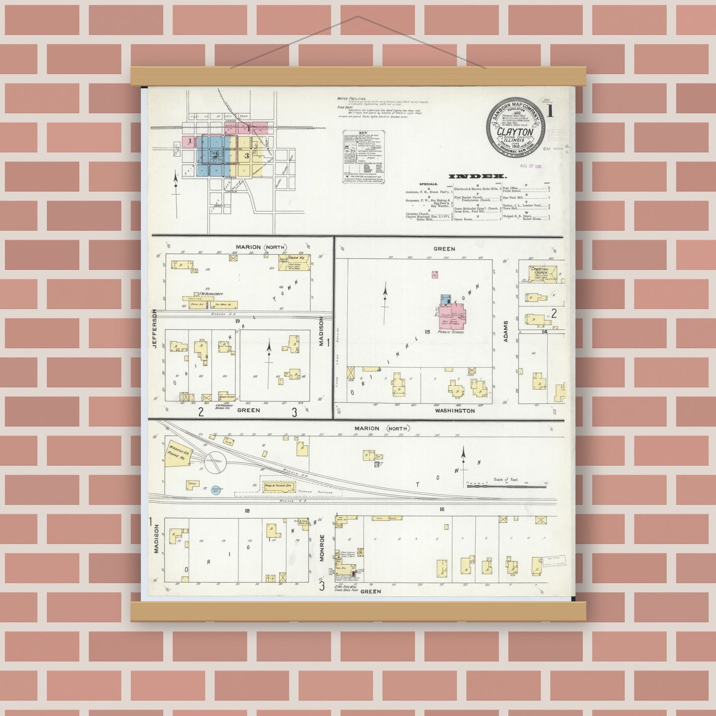 Old map wall art mockup — magnetic wood frame on brick wall — Sanborn Fire Insurance Map from Clayton, Adams County, Illinois (1910) - Complete Map Set