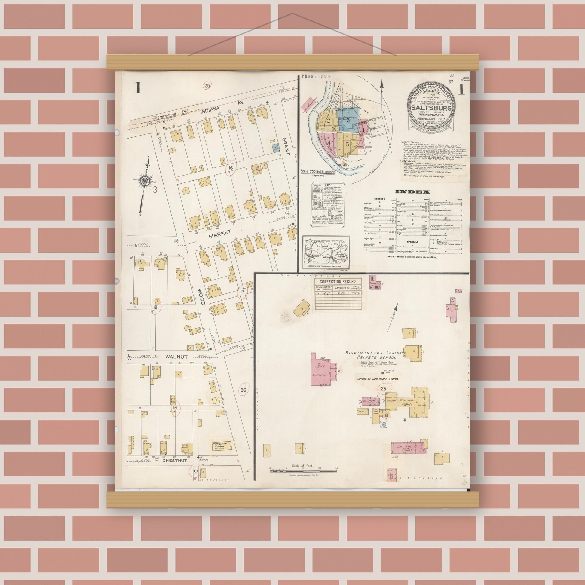 Old map wall art mockup — magnetic wood frame on brick wall — Sanborn Fire Insurance Map from Saltsburg, Indiana County, Pennsylvania (1938), Sheet #0001