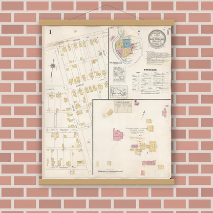 Old map wall art mockup — magnetic wood frame on brick wall — Sanborn Fire Insurance Map from Saltsburg, Indiana County, Pennsylvania (1938), Sheet #0001