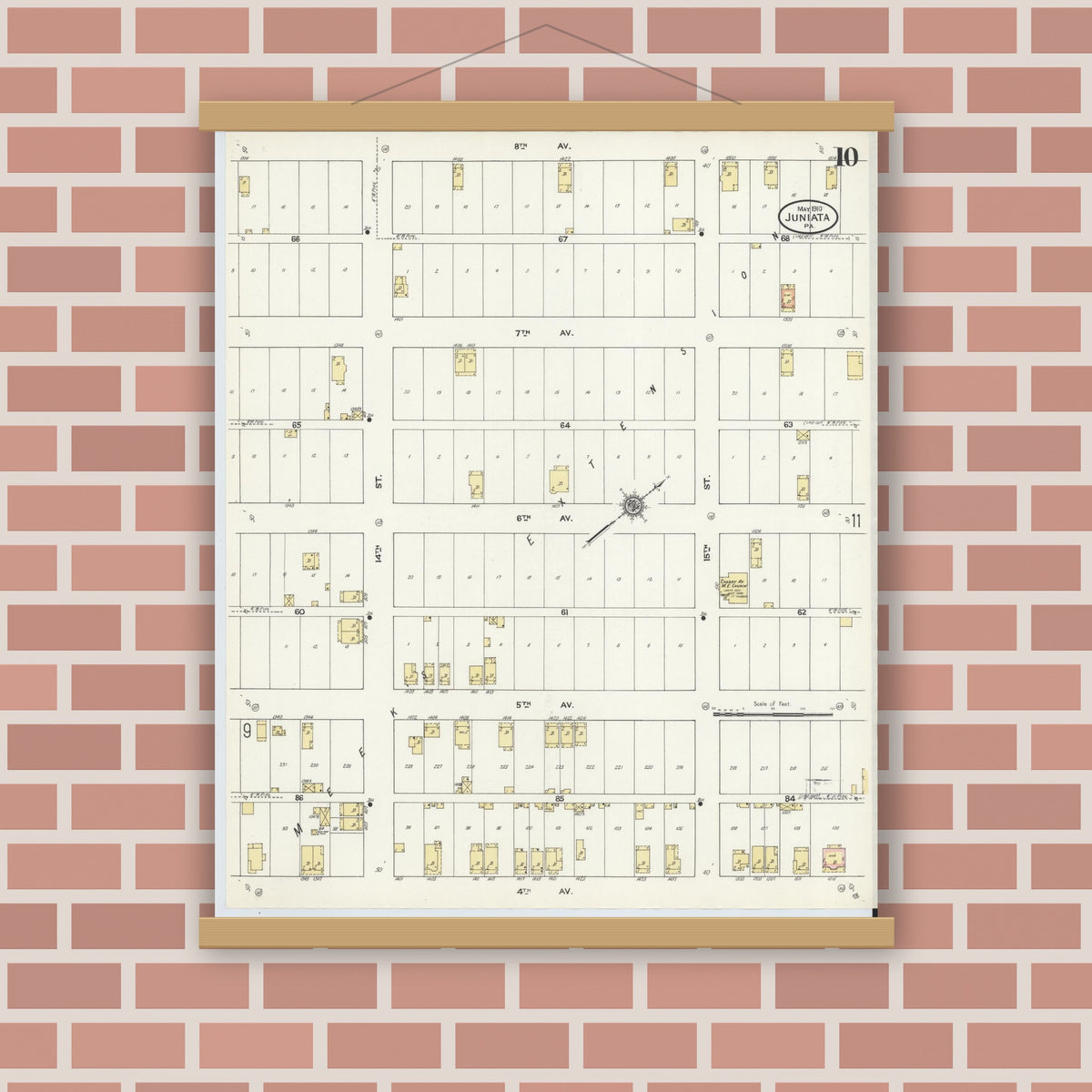 Old map wall art mockup — magnetic wood frame on brick wall — Sanborn Fire Insurance Map from Juniata, Blair County, Pennsylvania (1910), Sheet #0010