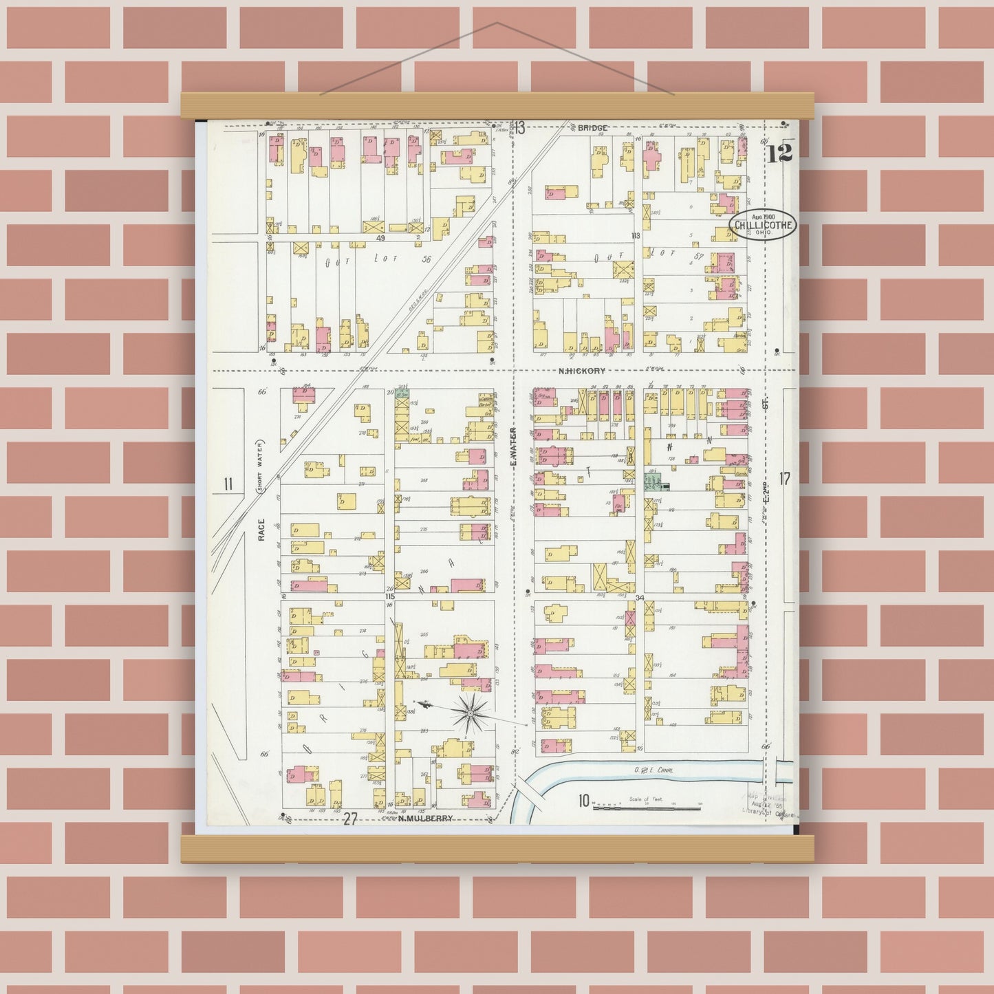 Old map wall art mockup — magnetic wood frame on brick wall — Sanborn Fire Insurance Map from Chillicothe, Ross County, Ohio (1900), Sheet #0012