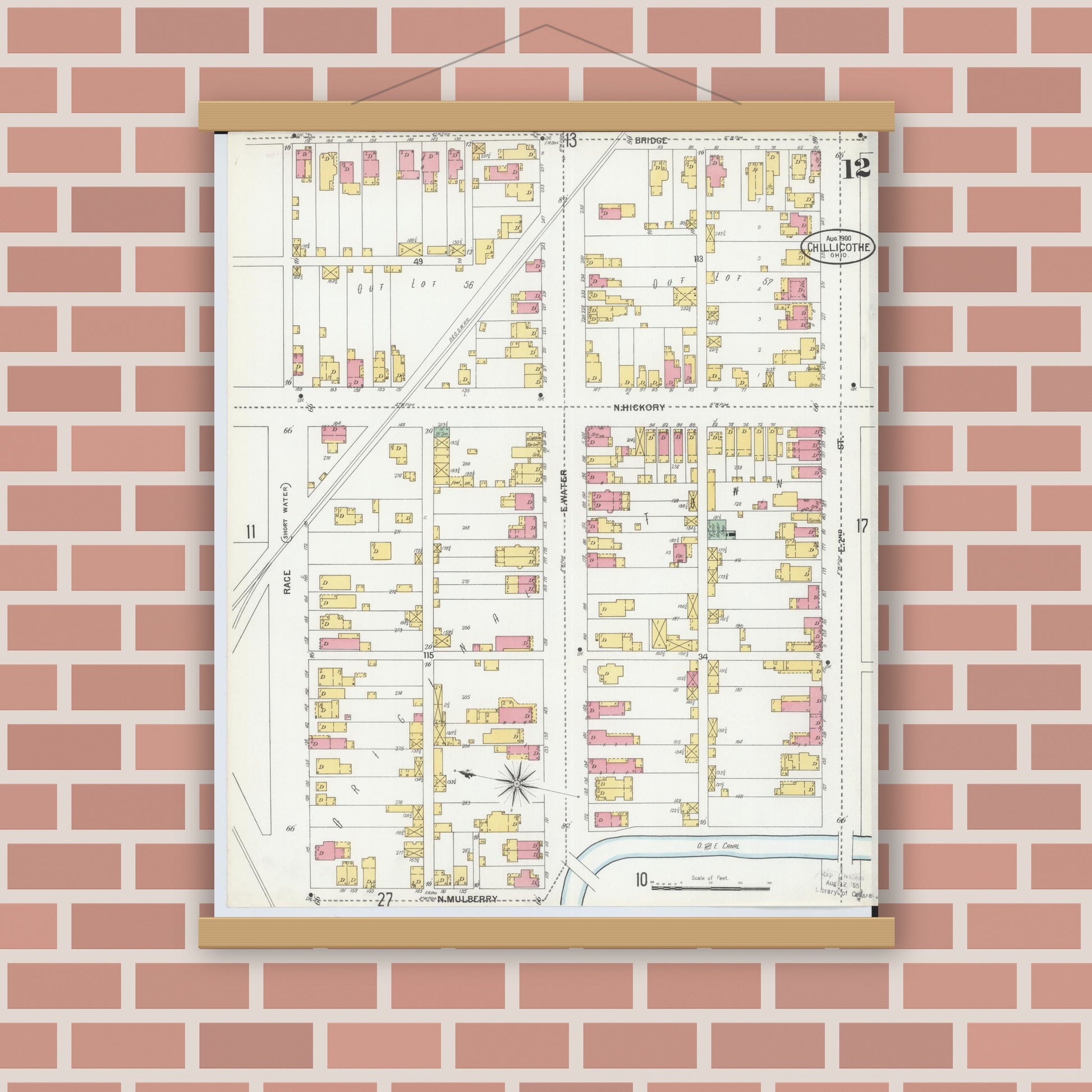 Old map wall art mockup — magnetic wood frame on brick wall — Sanborn Fire Insurance Map from Chillicothe, Ross County, Ohio (1900), Sheet #0012