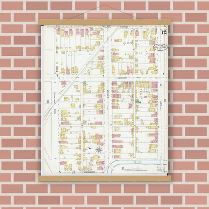 Old map wall art mockup — magnetic wood frame on brick wall — Sanborn Fire Insurance Map from Chillicothe, Ross County, Ohio (1900), Sheet #0012