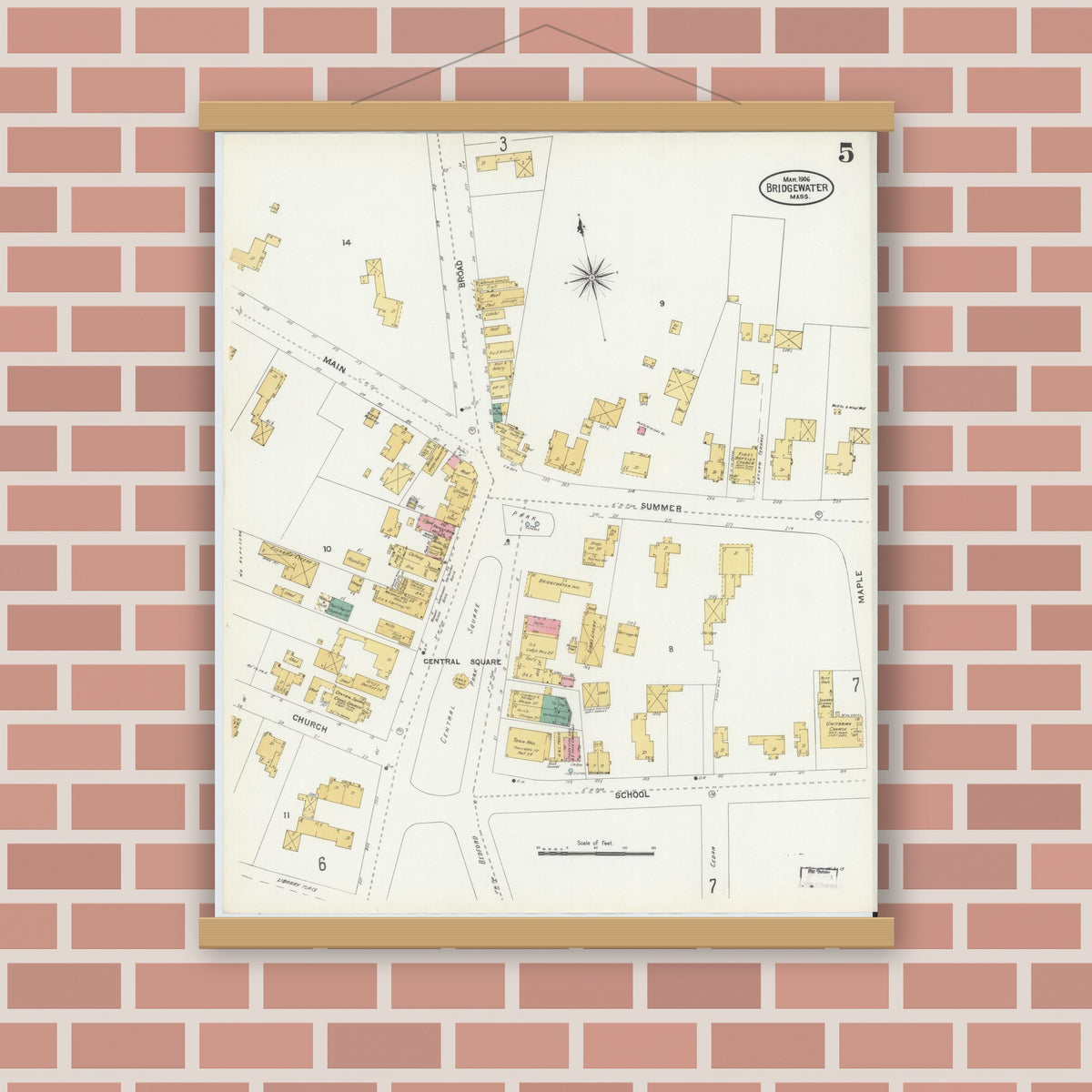 Old map wall art mockup — magnetic wood frame on brick wall — Sanborn Fire Insurance Map from Bridgewater, Plymouth County, Massachusetts (1906), Sheet #0005