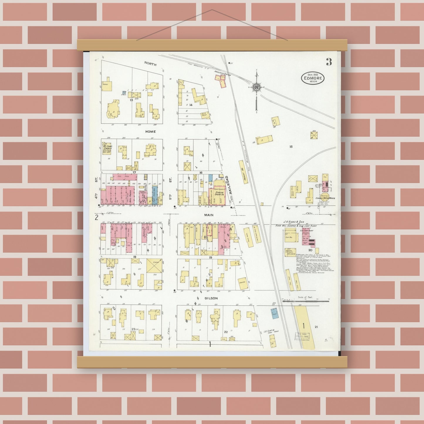Old map wall art mockup — magnetic wood frame on brick wall — Sanborn Fire Insurance Map from Edmore, Montcalm County, Michigan (1910), Sheet #0003