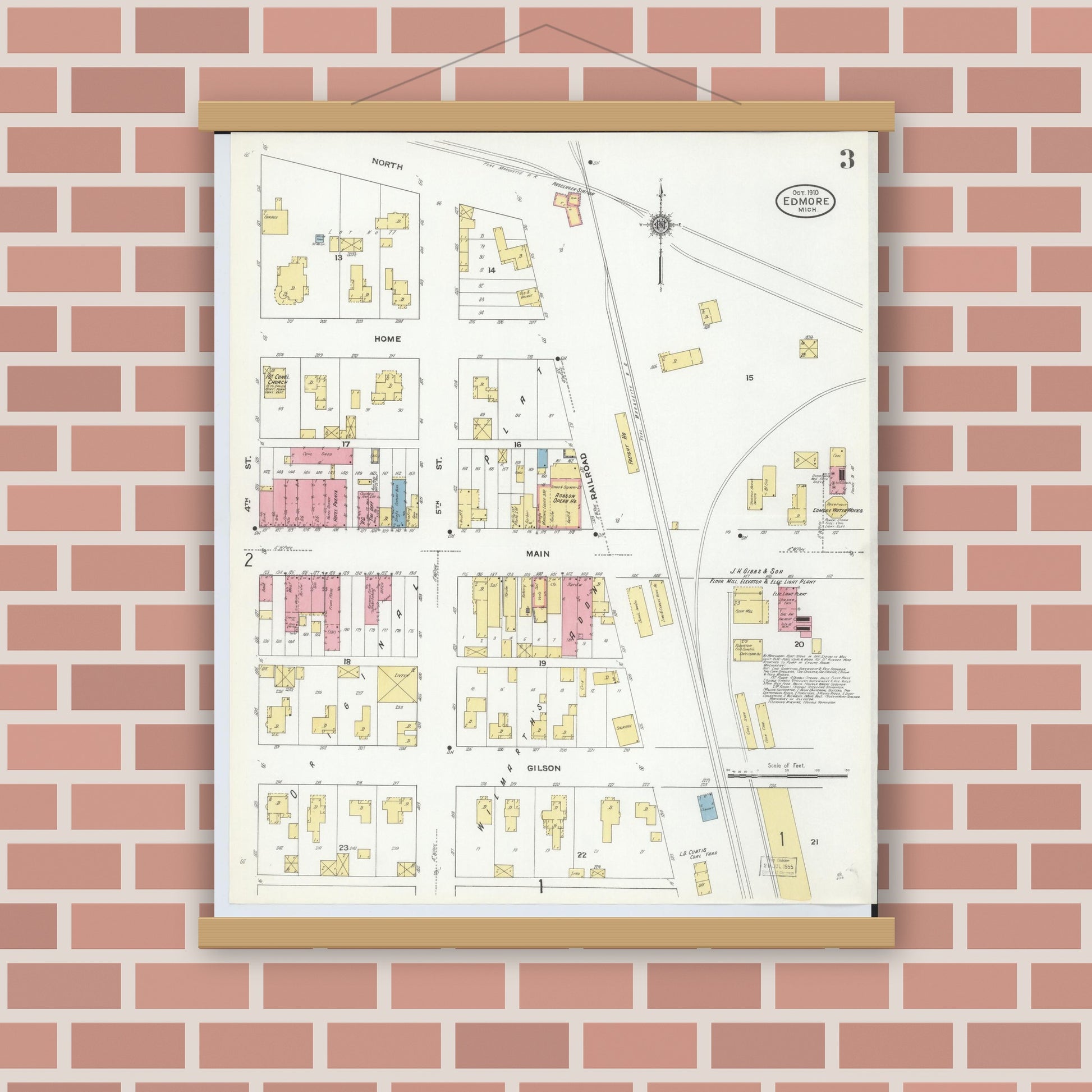 Old map wall art mockup — magnetic wood frame on brick wall — Sanborn Fire Insurance Map from Edmore, Montcalm County, Michigan (1910), Sheet #0003