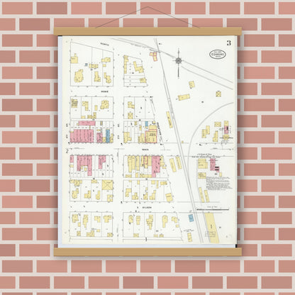 Old map wall art mockup — magnetic wood frame on brick wall — Sanborn Fire Insurance Map from Edmore, Montcalm County, Michigan (1910), Sheet #0003