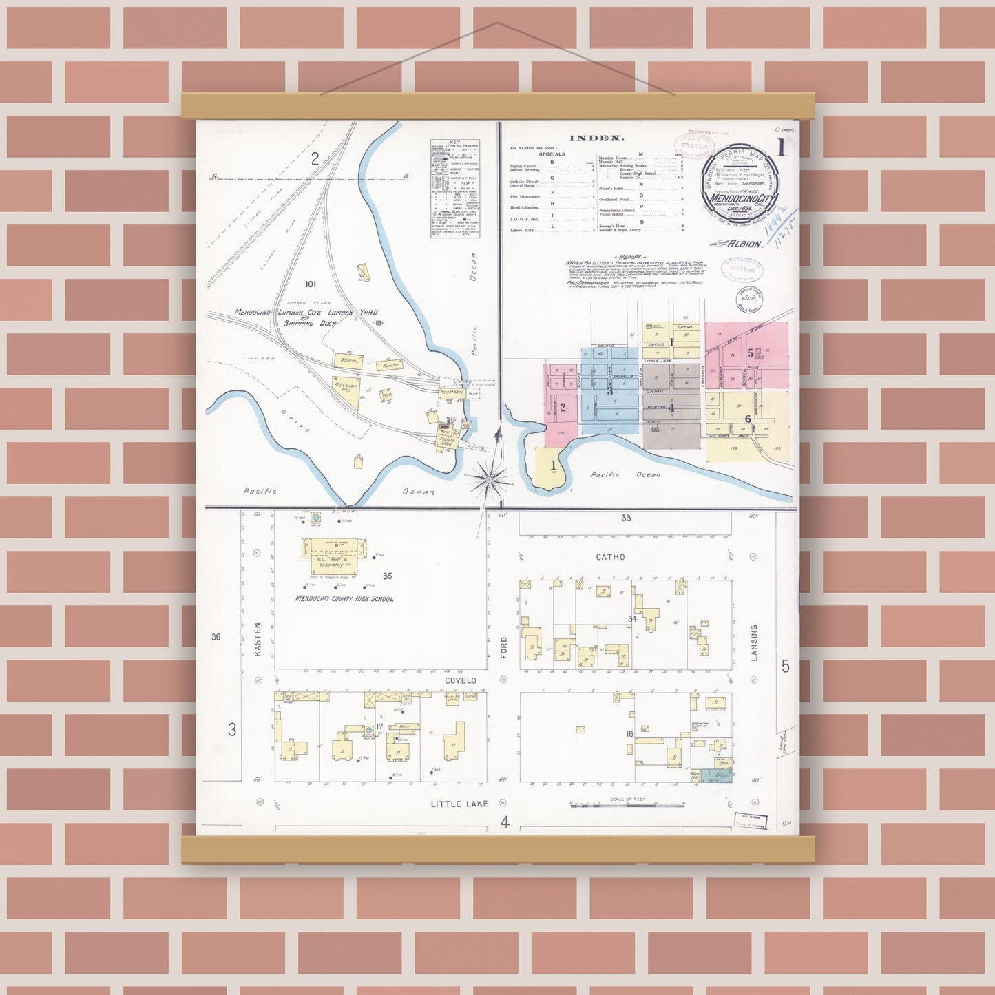Old map wall art mockup — magnetic wood frame on brick wall — Sanborn Fire Insurance Map from Mendocino, Mendocino County, California (1898) - Complete Map Set