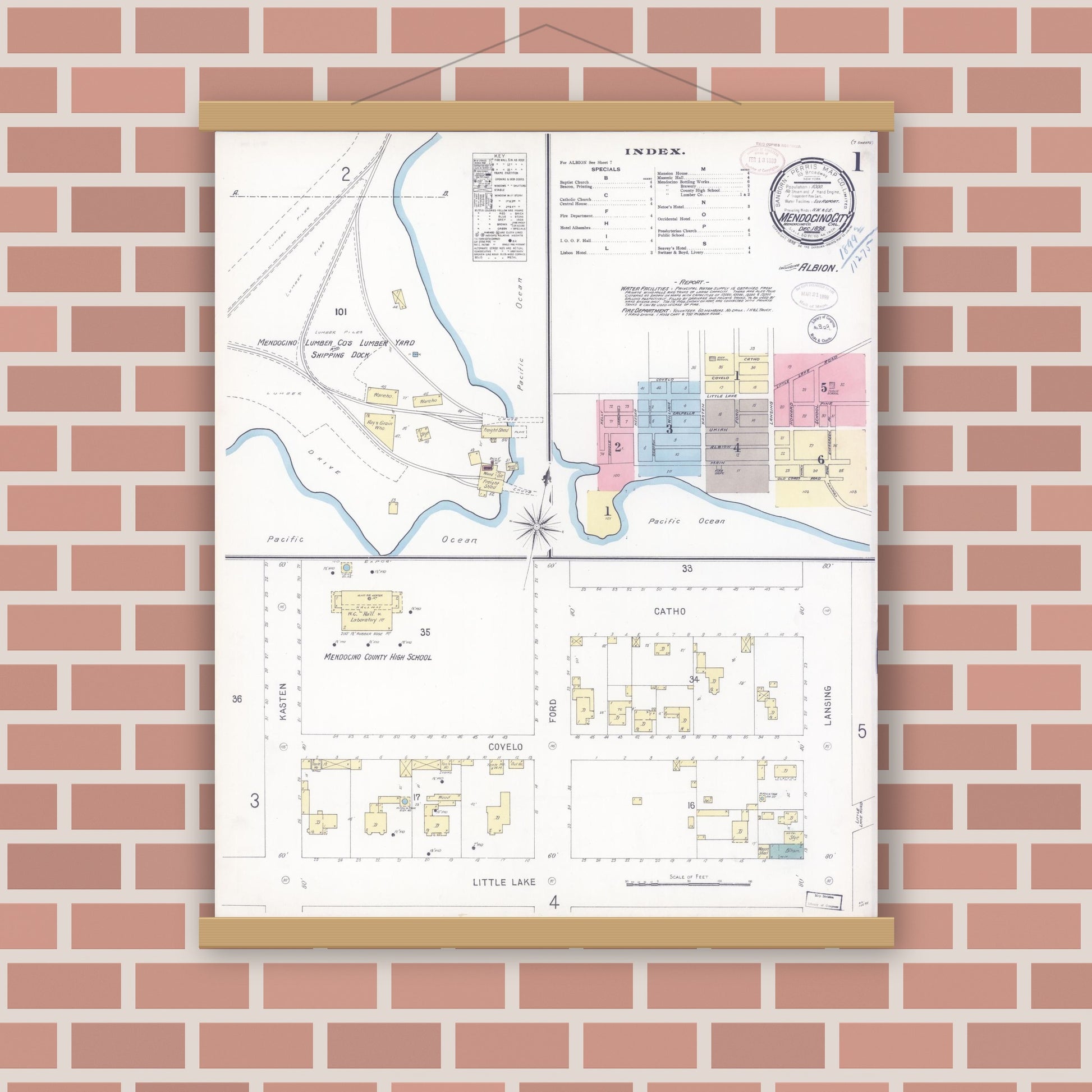 Old map wall art mockup — magnetic wood frame on brick wall — Sanborn Fire Insurance Map from Mendocino, Mendocino County, California (1898) - Complete Map Set