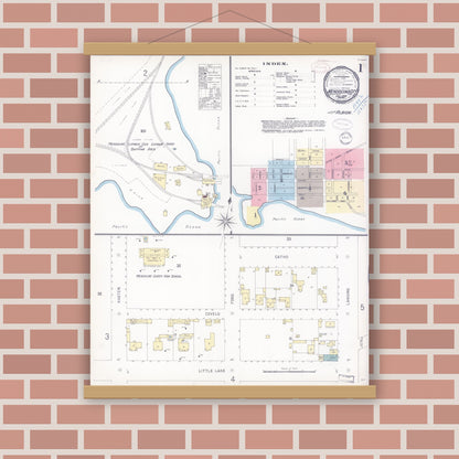 Old map wall art mockup — magnetic wood frame on brick wall — Sanborn Fire Insurance Map from Mendocino, Mendocino County, California (1898) - Complete Map Set