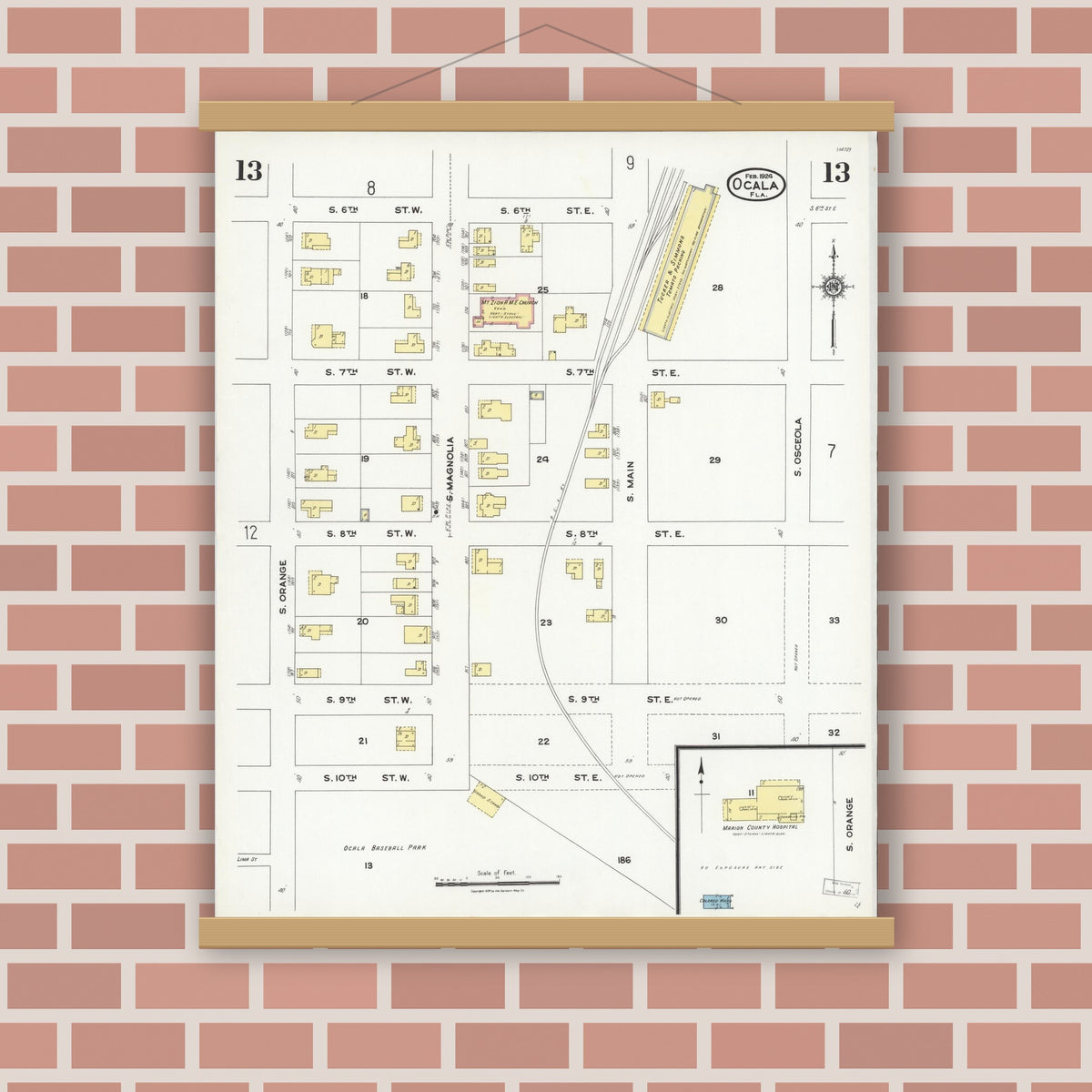 Old map wall art mockup — magnetic wood frame on brick wall — Sanborn Fire Insurance Map from Ocala, Marion County, Florida (1924), Sheet #0013