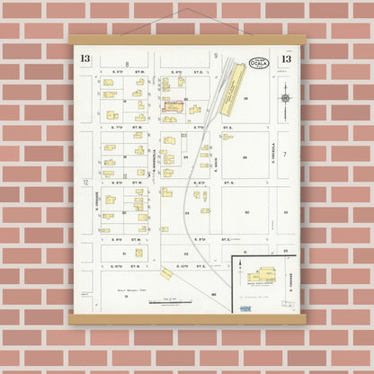Old map wall art mockup — magnetic wood frame on brick wall — Sanborn Fire Insurance Map from Ocala, Marion County, Florida (1924), Sheet #0013