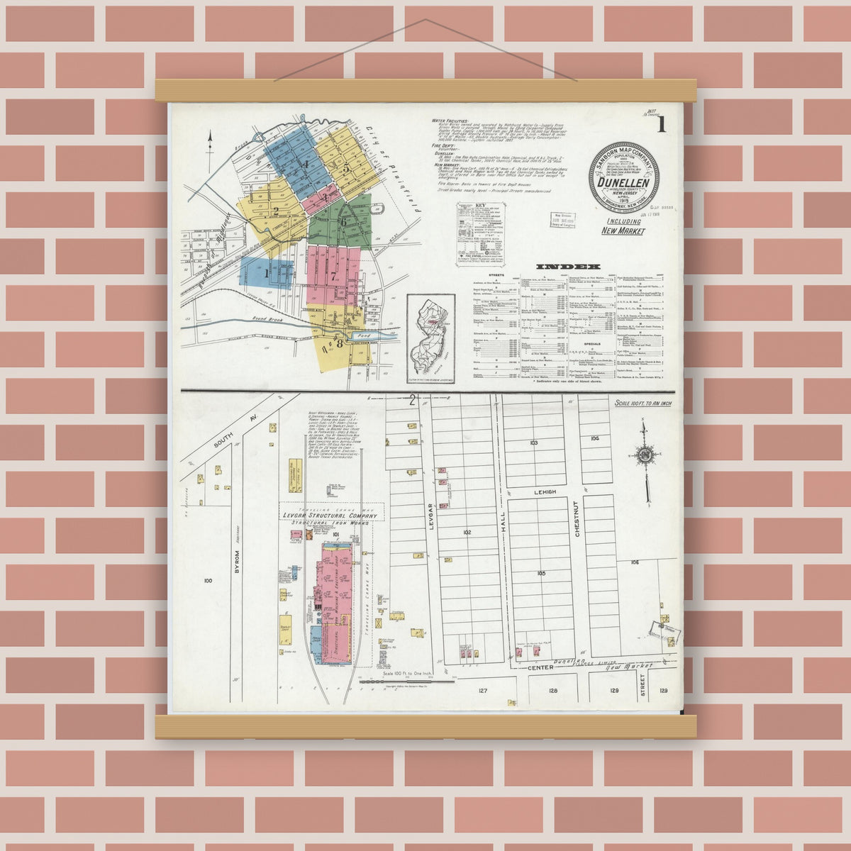 Old map wall art mockup — magnetic wood frame on brick wall — Sanborn Fire Insurance Map from Dunellen, Middlesex County, New Jersey (1919) - Complete Map Set