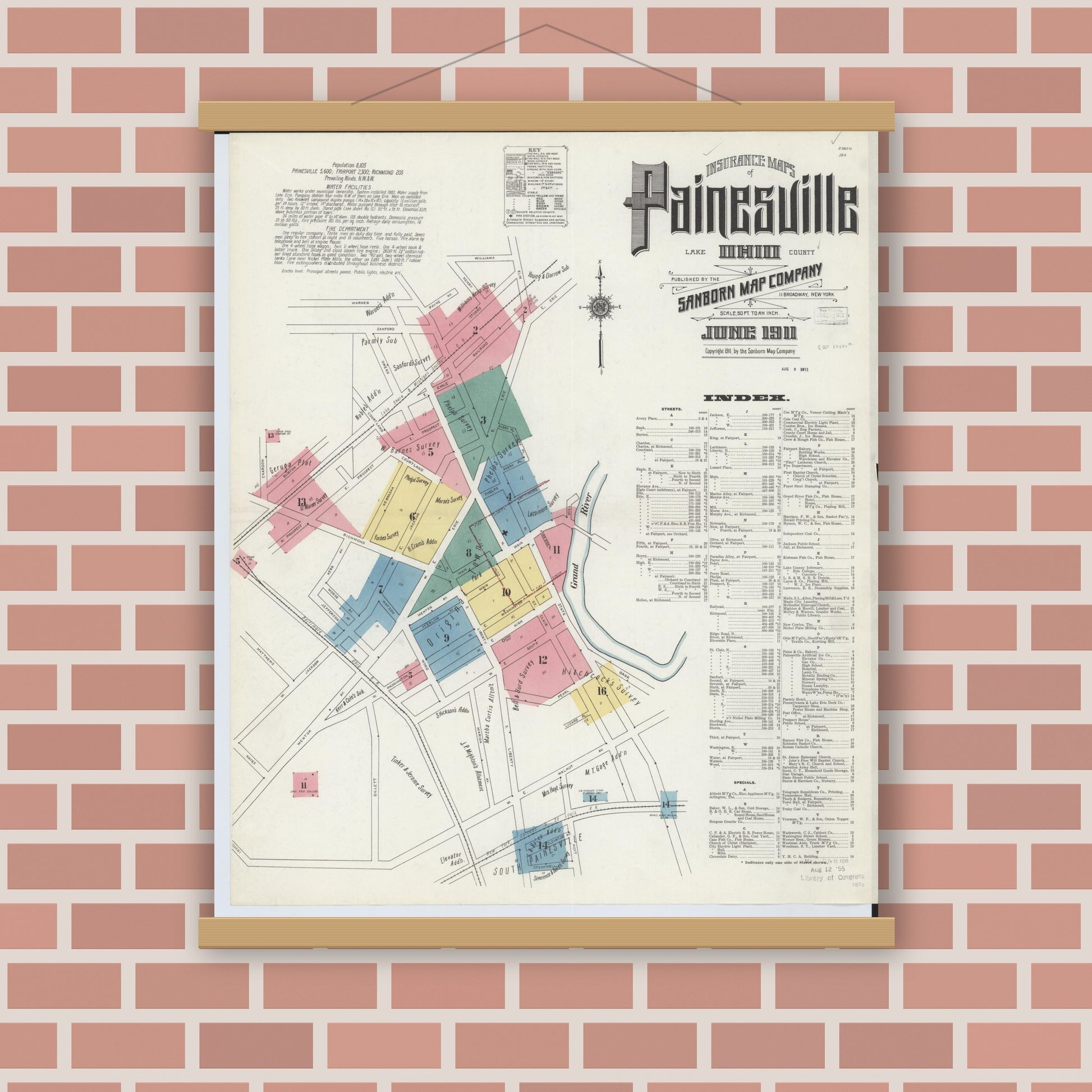 Old map wall art mockup — magnetic wood frame on brick wall — Sanborn Fire Insurance Map from Painesville, Lake County, Ohio (1911), Sheet #0001