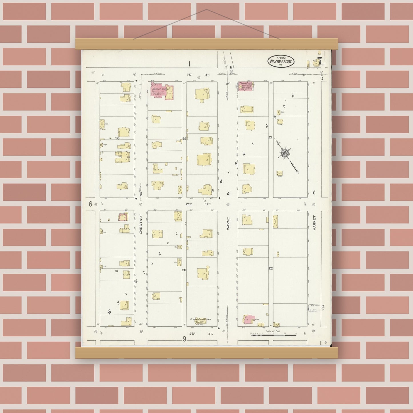 Old map wall art mockup — magnetic wood frame on brick wall — Sanborn Fire Insurance Map from Waynesboro, Independent Cities, Virginia (1913), Sheet #0007