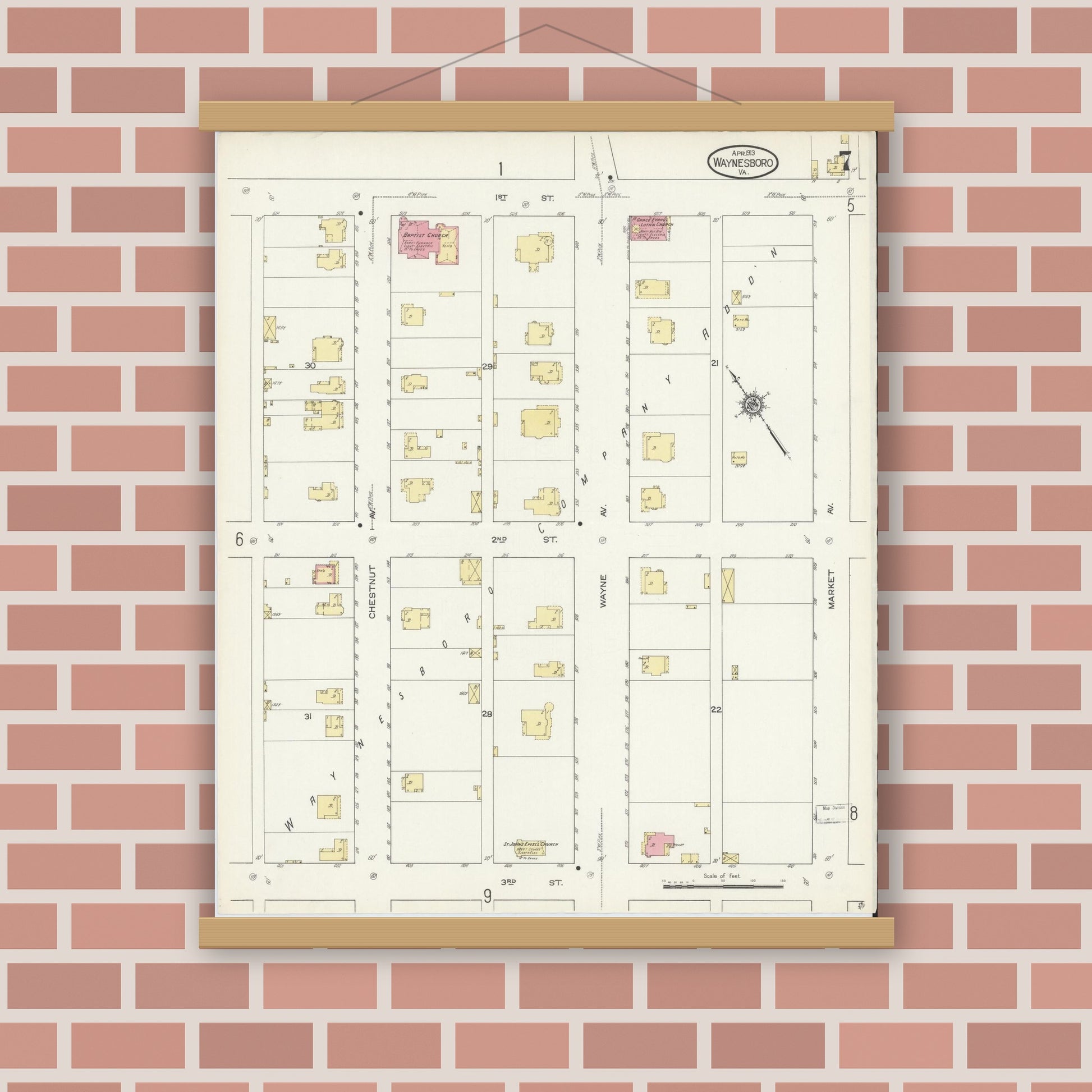 Old map wall art mockup — magnetic wood frame on brick wall — Sanborn Fire Insurance Map from Waynesboro, Independent Cities, Virginia (1913), Sheet #0007