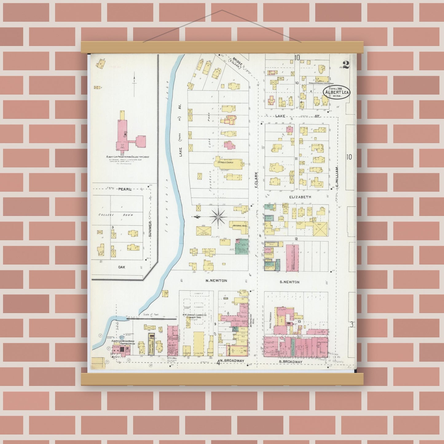 Old map wall art mockup — magnetic wood frame on brick wall — Sanborn Fire Insurance Map from Albert Lea, Freeborn County, Minnesota (1905), Sheet #0002