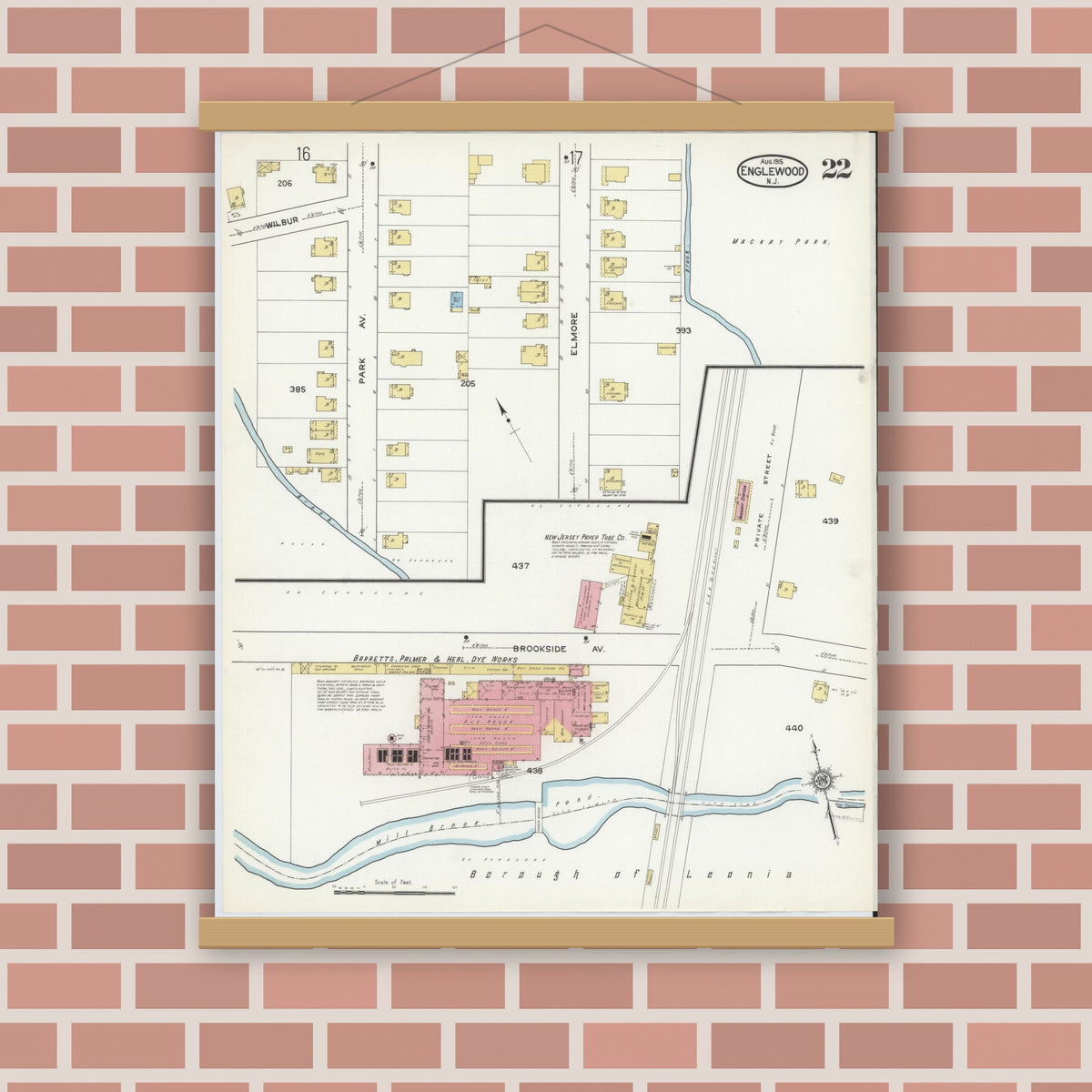 Old map wall art mockup — magnetic wood frame on brick wall — Sanborn Fire Insurance Map from Englewood, Bergen County, New Jersey (1915), Sheet #0022