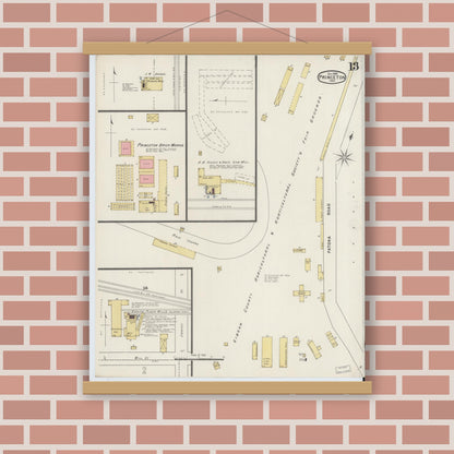 Old map wall art mockup — magnetic wood frame on brick wall — Sanborn Fire Insurance Map from Princeton, Gibson County, Indiana (1895), Sheet #0013