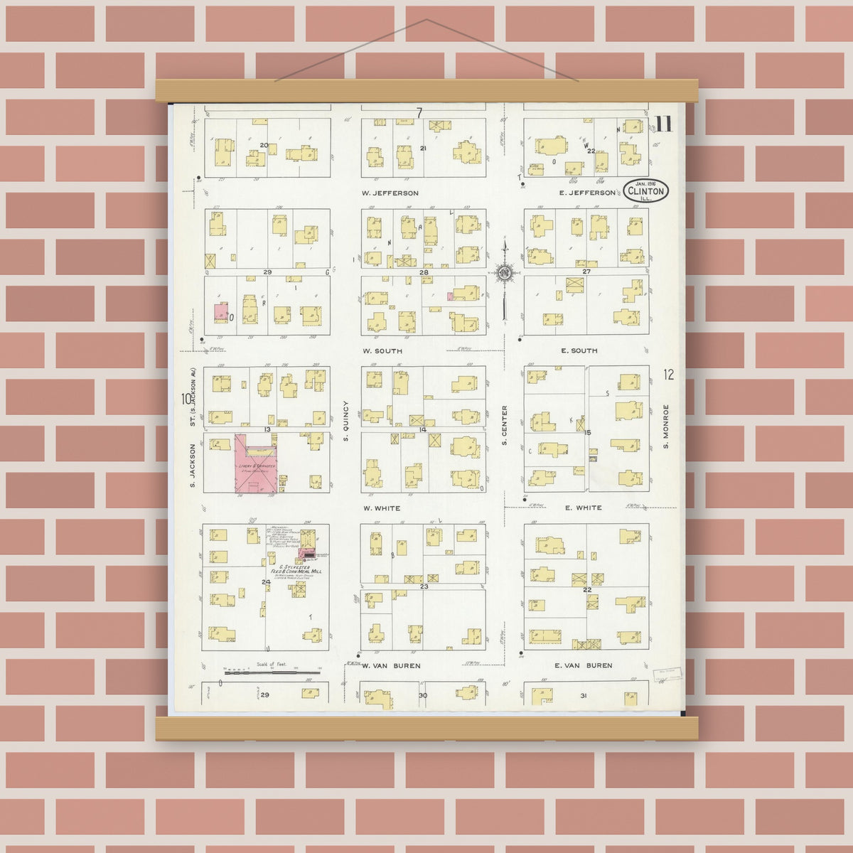 Old map wall art mockup — magnetic wood frame on brick wall — Sanborn Fire Insurance Map from Clinton, De Witt County, Illinois (1916), Sheet #0011
