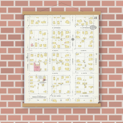 Old map wall art mockup — magnetic wood frame on brick wall — Sanborn Fire Insurance Map from Clinton, De Witt County, Illinois (1916), Sheet #0011