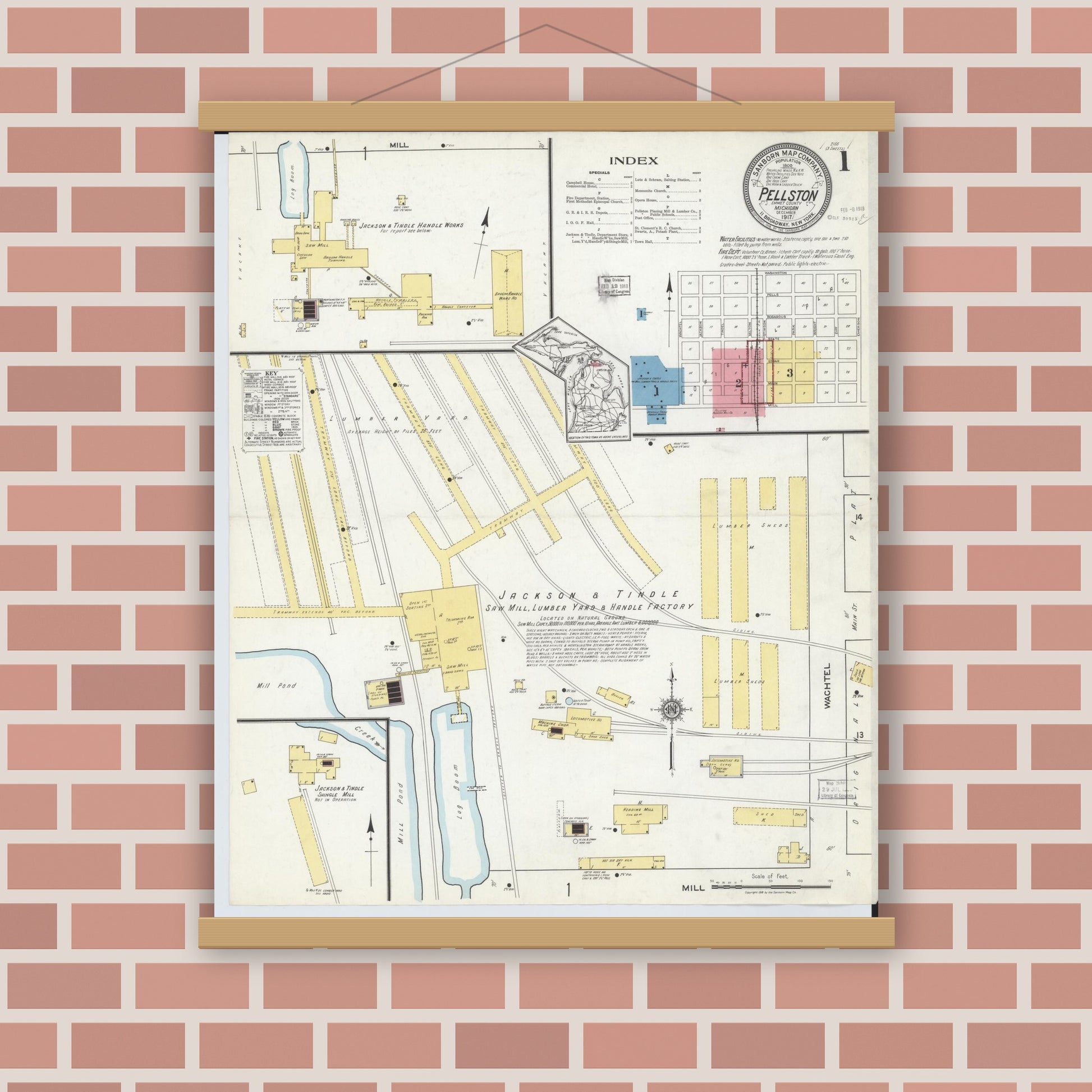 Old map wall art mockup — magnetic wood frame on brick wall — Sanborn Fire Insurance Map from Pellston, Emmet County, Michigan (1917) - Complete Map Set