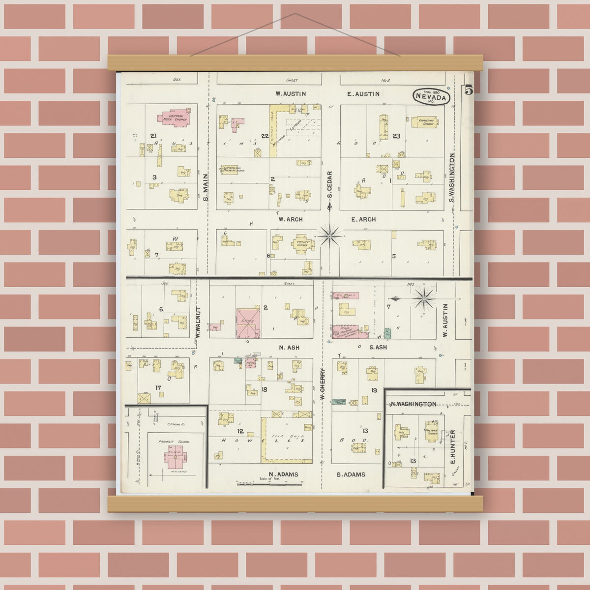Old map wall art mockup — magnetic wood frame on brick wall — Sanborn Fire Insurance Map from Nevada, Vernon County, Missouri (1890), Sheet #0005