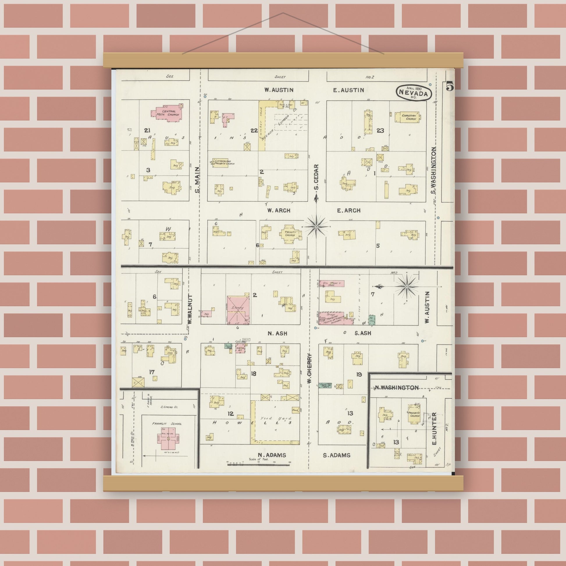 Old map wall art mockup — magnetic wood frame on brick wall — Sanborn Fire Insurance Map from Nevada, Vernon County, Missouri (1890), Sheet #0005